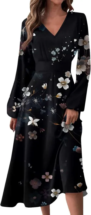 Long Sleeve Dresses for Wedding Guest Women Fall Wrap V Neck Ruffle Belted A-Line Flowy Midi Dresses