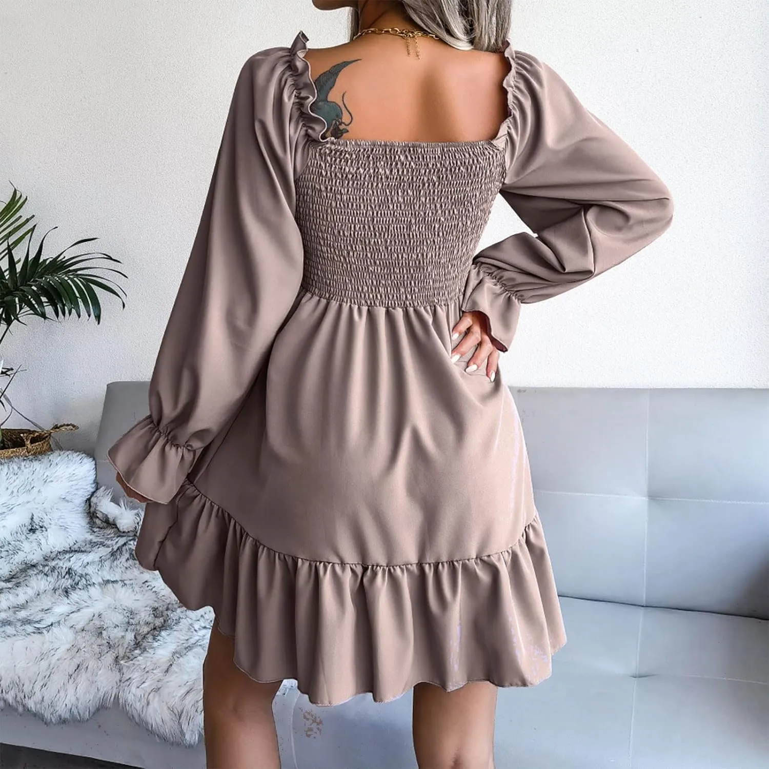 Long Sleeve Square Neck Mini Dresses for Women Fall Winter Formal Trendy Casual Sexy A Line Ruffle Ruched Dress