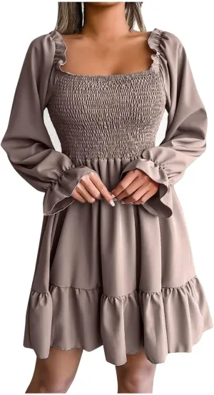 Long Sleeve Square Neck Mini Dresses for Women Fall Winter Formal Trendy Casual Sexy A Line Ruffle Ruched Dress