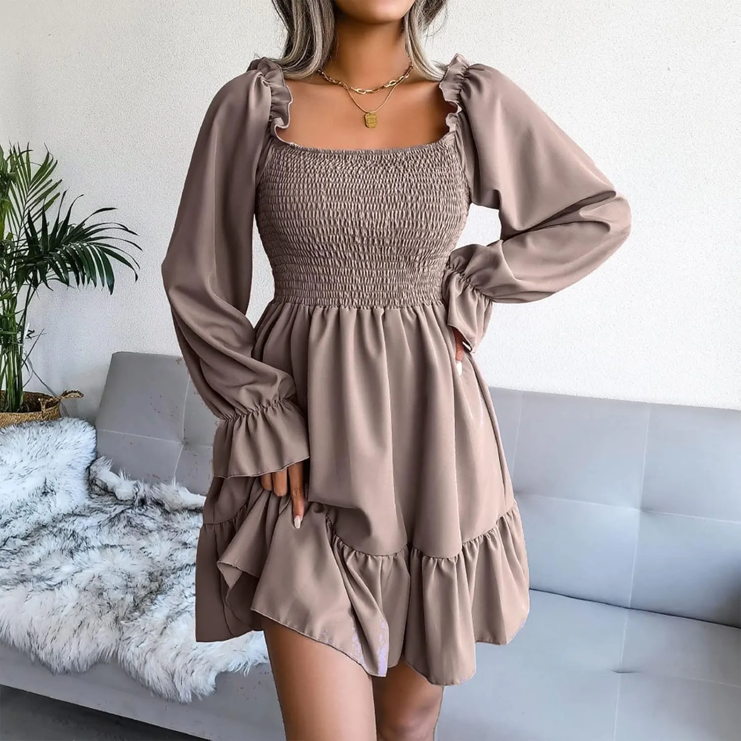 Long Sleeve Square Neck Mini Dresses for Women Fall Winter Formal Trendy Casual Sexy A Line Ruffle Ruched Dress