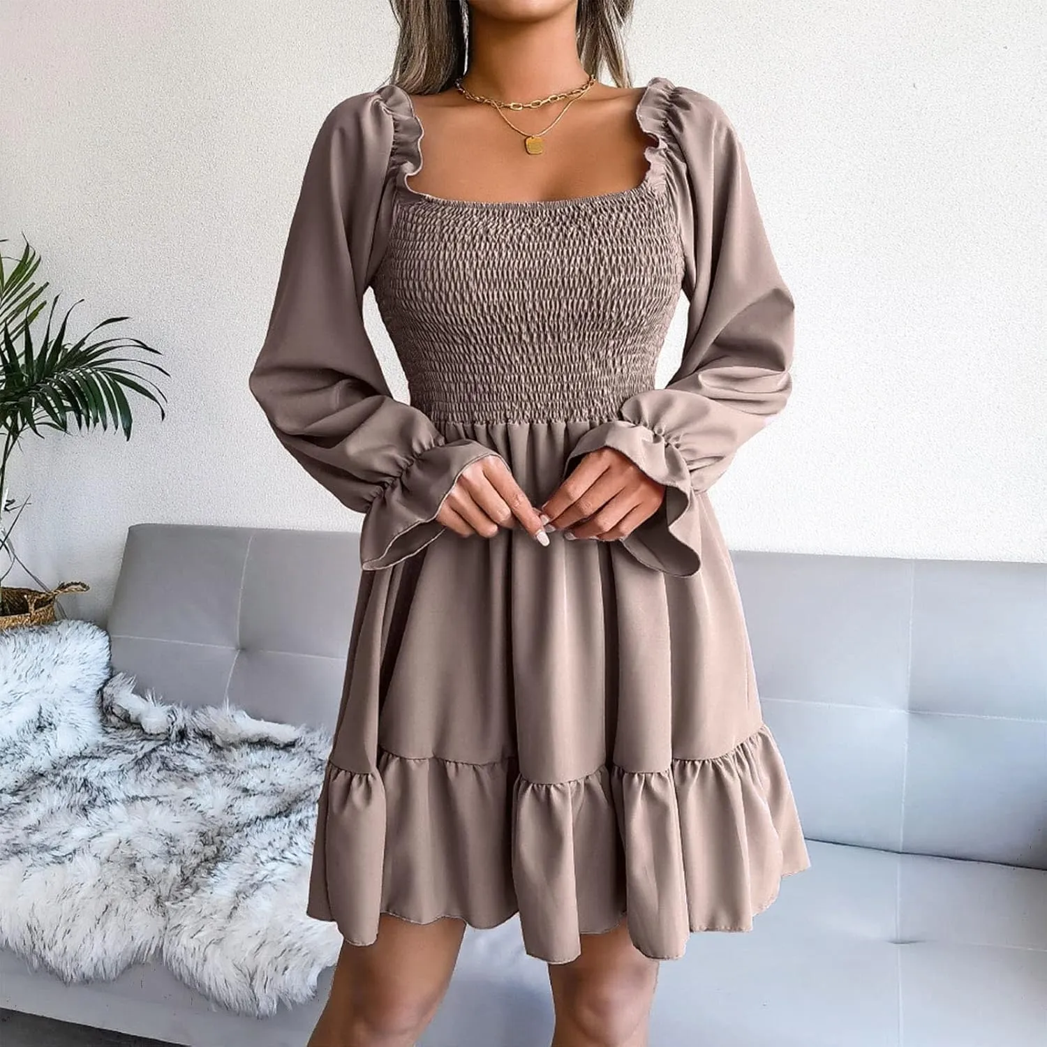 Long Sleeve Square Neck Mini Dresses for Women Fall Winter Formal Trendy Casual Sexy A Line Ruffle Ruched Dress