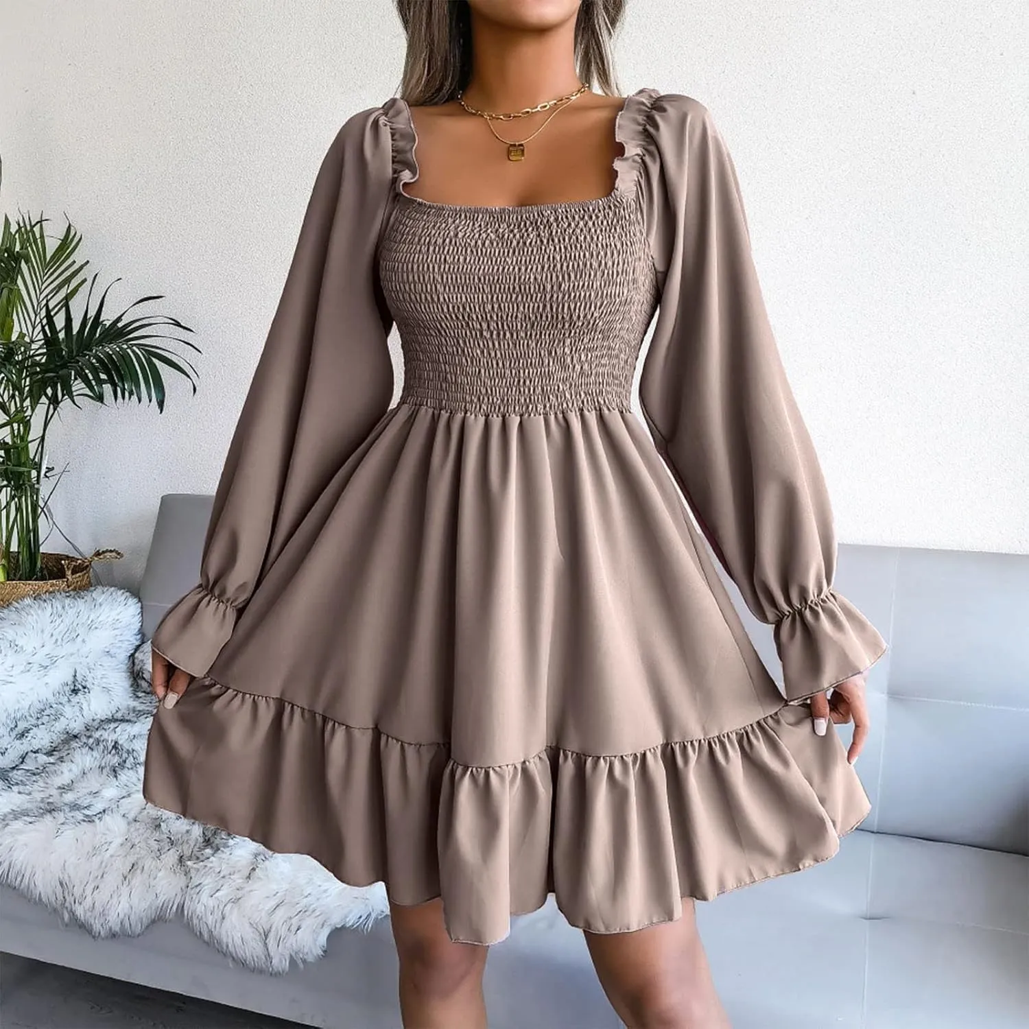 Long Sleeve Square Neck Mini Dresses for Women Fall Winter Formal Trendy Casual Sexy A Line Ruffle Ruched Dress