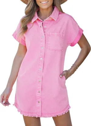 luvamia Denim Dress for Women Button Down Short Sleeves Casual Summer Jean Shirt Dresses with Pockets Frayed Hem
