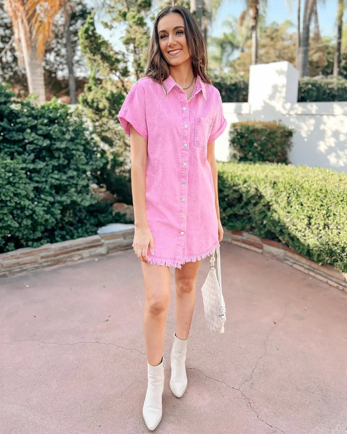 luvamia Denim Dress for Women Button Down Short Sleeves Casual Summer Jean Shirt Dresses with Pockets Frayed Hem