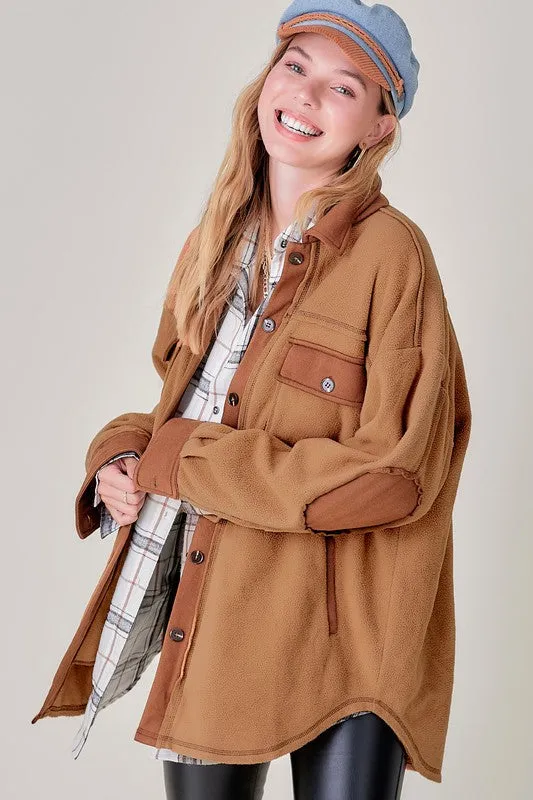 Mabel Long Sleeve Soft Brushed Fabric Color Block Jacket Shacket