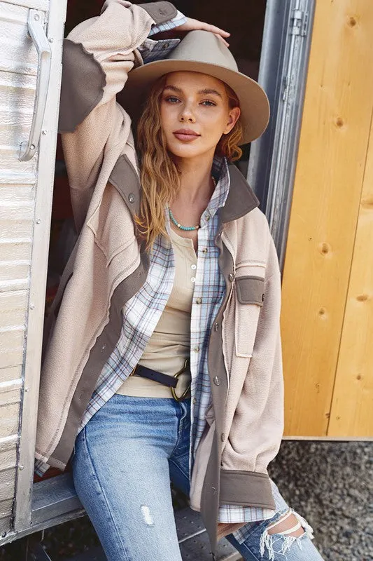 Mabel Long Sleeve Soft Brushed Fabric Color Block Jacket Shacket