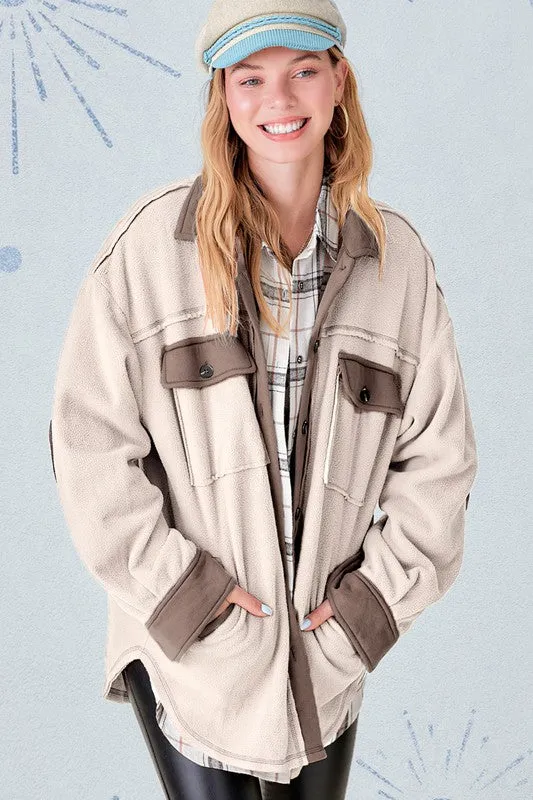 Mabel Long Sleeve Soft Brushed Fabric Color Block Jacket Shacket