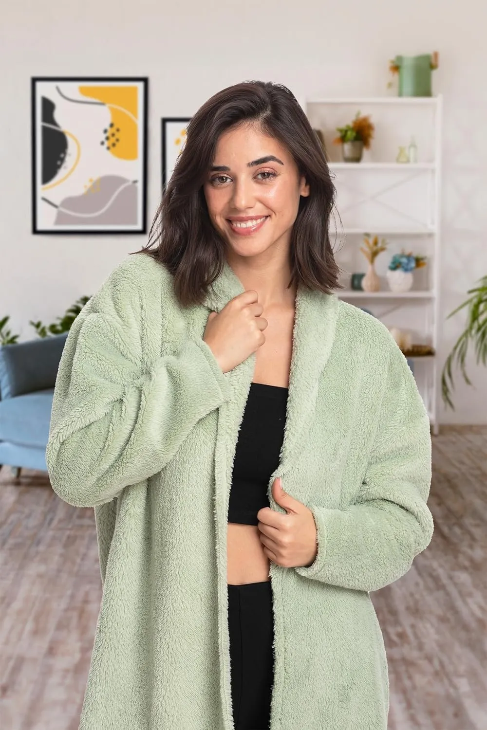 Mad Dog Women's Sherpa Cardigan Sweater, Cozy Loungewear Top, Thin Lightweight Long Open Front Jacket
