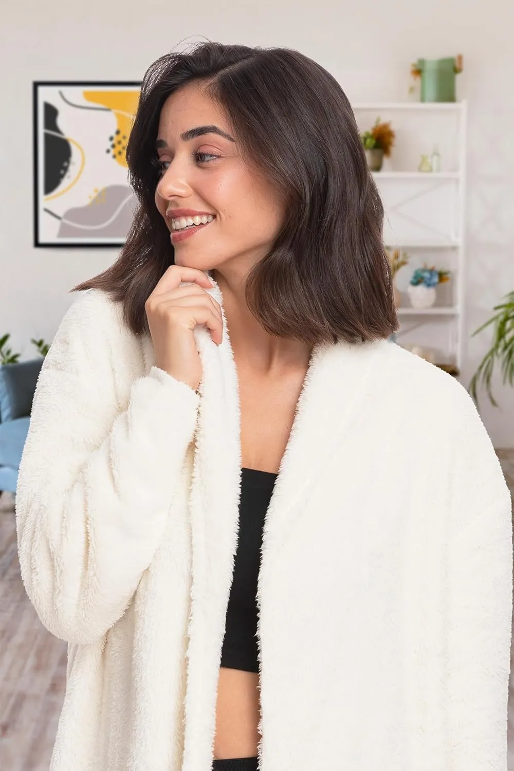 Mad Dog Women's Sherpa Cardigan Sweater, Cozy Loungewear Top, Thin Lightweight Long Open Front Jacket