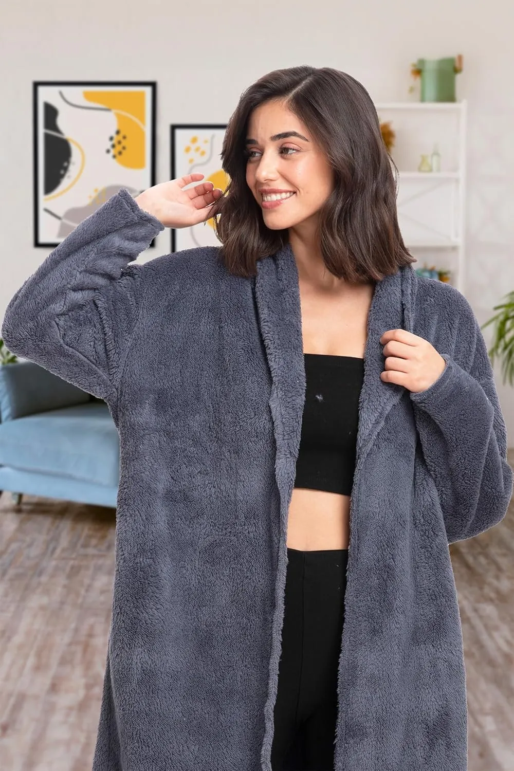 Mad Dog Women's Sherpa Cardigan Sweater, Cozy Loungewear Top, Thin Lightweight Long Open Front Jacket