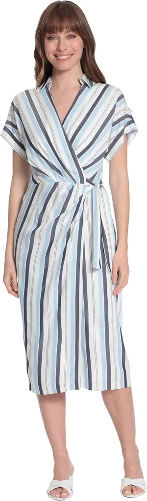 Maggy London Women's Striped Faux Wrap Collar V-Neck Midi Dress