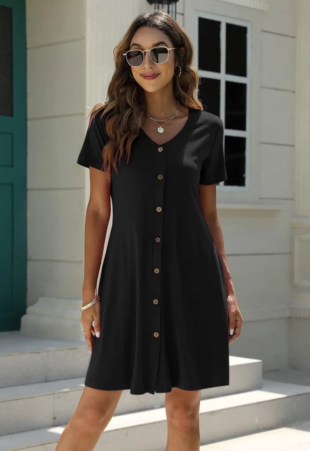 Manydress Women's Summer Casual T Shirt Dresses Short Sleeve Button Down Swing Dress with Pockets MY035