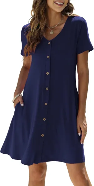 Manydress Women's Summer Casual T Shirt Dresses Short Sleeve Button Down Swing Dress with Pockets MY035