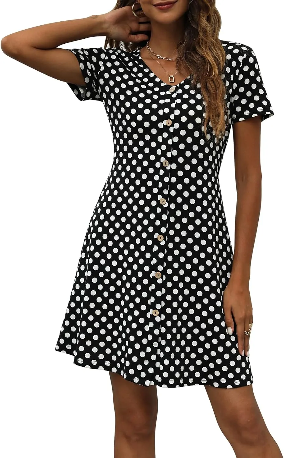 Manydress Women's Summer Casual T Shirt Dresses Short Sleeve Button Down Swing Dress with Pockets MY035