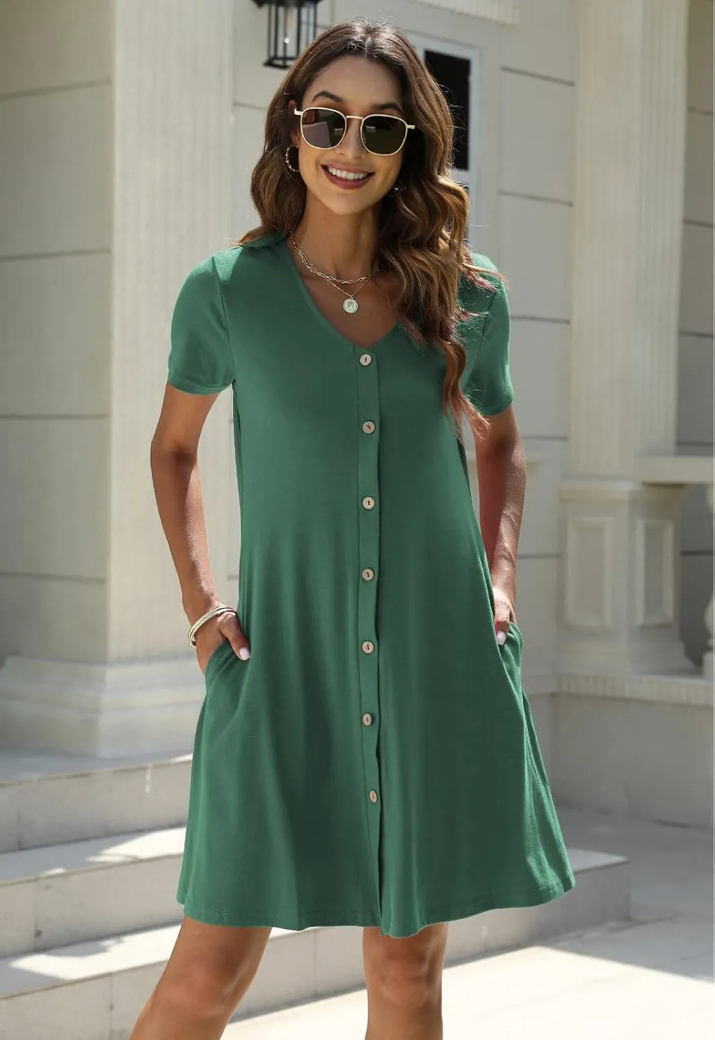Manydress Women's Summer Casual T Shirt Dresses Short Sleeve Button Down Swing Dress with Pockets MY035