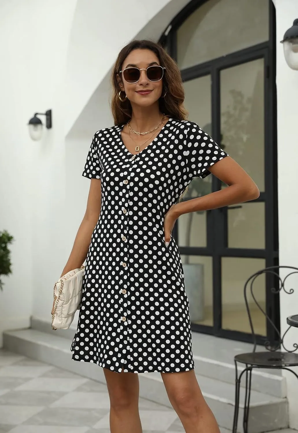 Manydress Women's Summer Casual T Shirt Dresses Short Sleeve Button Down Swing Dress with Pockets MY035