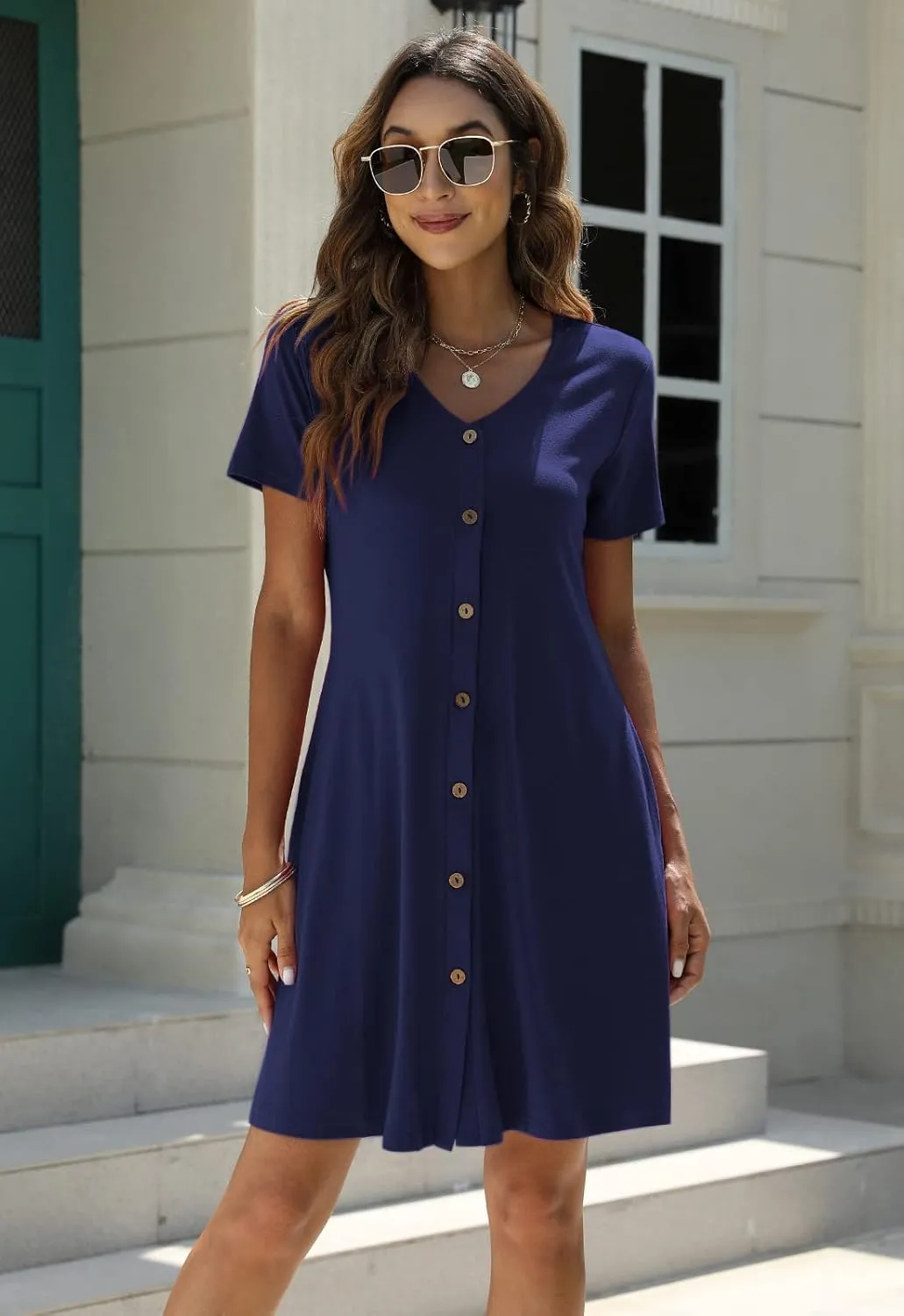 Manydress Women's Summer Casual T Shirt Dresses Short Sleeve Button Down Swing Dress with Pockets MY035