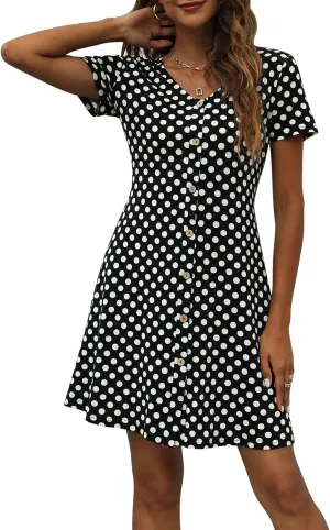 Manydress Women's Summer Casual T Shirt Dresses Short Sleeve Button Down Swing Dress with Pockets MY035