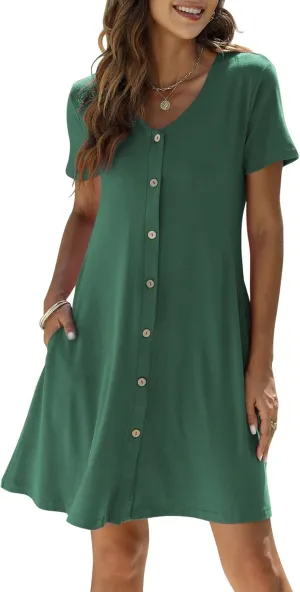 Manydress Women's Summer Casual T Shirt Dresses Short Sleeve Button Down Swing Dress with Pockets MY035