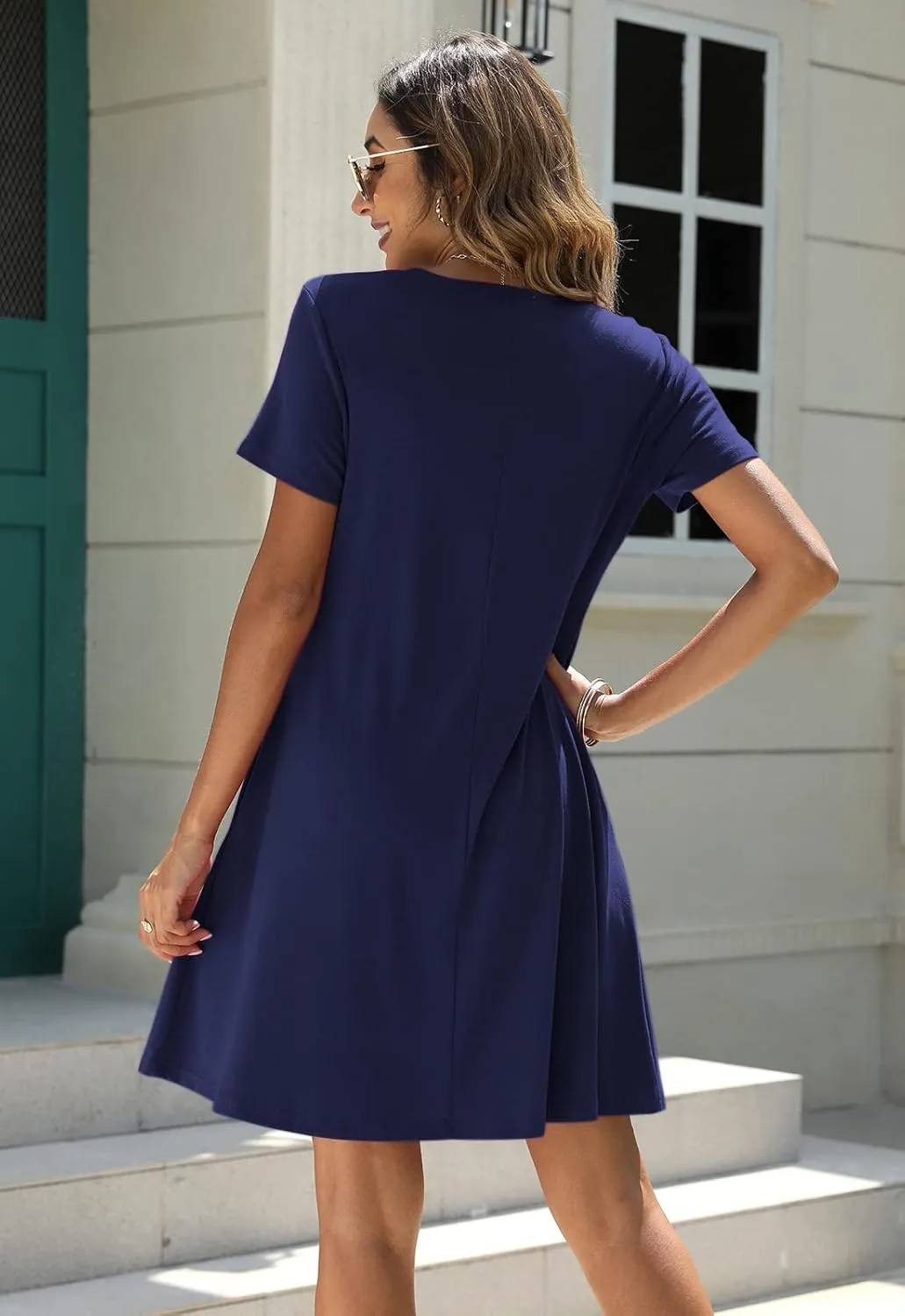 Manydress Women's Summer Casual T Shirt Dresses Short Sleeve Button Down Swing Dress with Pockets MY035