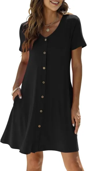 Manydress Women's Summer Casual T Shirt Dresses Short Sleeve Button Down Swing Dress with Pockets MY035