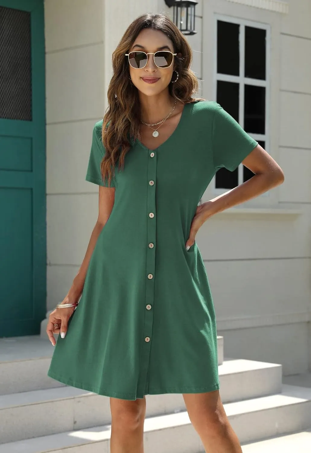 Manydress Women's Summer Casual T Shirt Dresses Short Sleeve Button Down Swing Dress with Pockets MY035