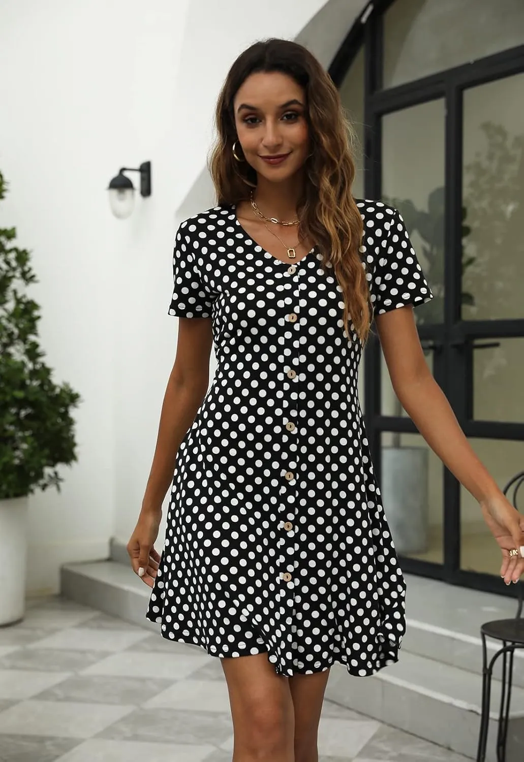 Manydress Women's Summer Casual T Shirt Dresses Short Sleeve Button Down Swing Dress with Pockets MY035