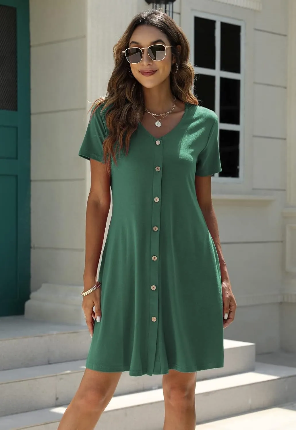 Manydress Women's Summer Casual T Shirt Dresses Short Sleeve Button Down Swing Dress with Pockets MY035