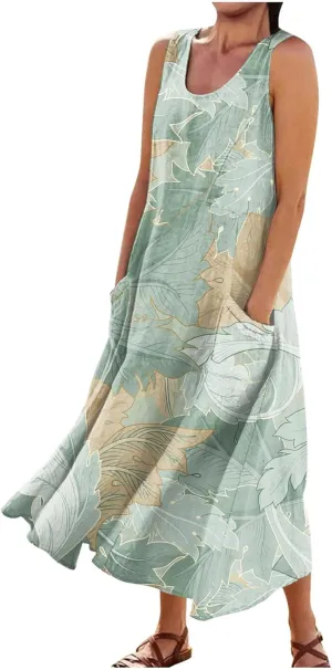 Maxi Dress for Women Cotton Linen Floral Print Casual Long Dress Flowy Sleeveless Round Neck Dresses with Pockets