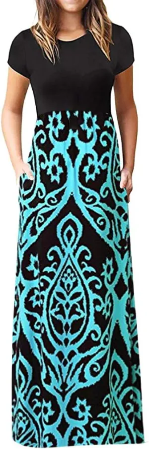 Maxi Dress for Women Plus Size Short Sleeve Loose Plain Casual Long Maxi Dresses Floral Empire Waist Dress with Pockets