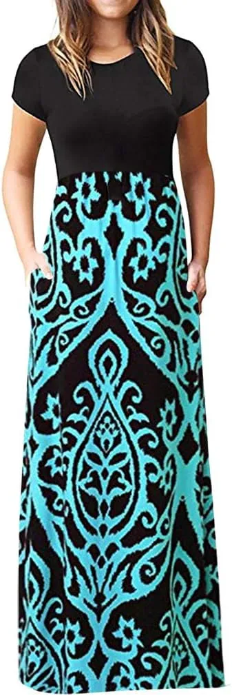 Maxi Dress for Women Plus Size Short Sleeve Loose Plain Casual Long Maxi Dresses Floral Empire Waist Dress with Pockets