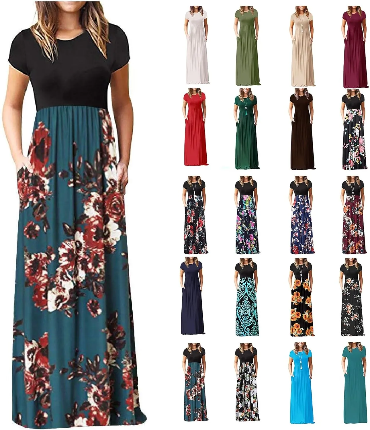 Maxi Dress for Women Plus Size Short Sleeve Loose Plain Casual Long Maxi Dresses Floral Empire Waist Dress with Pockets