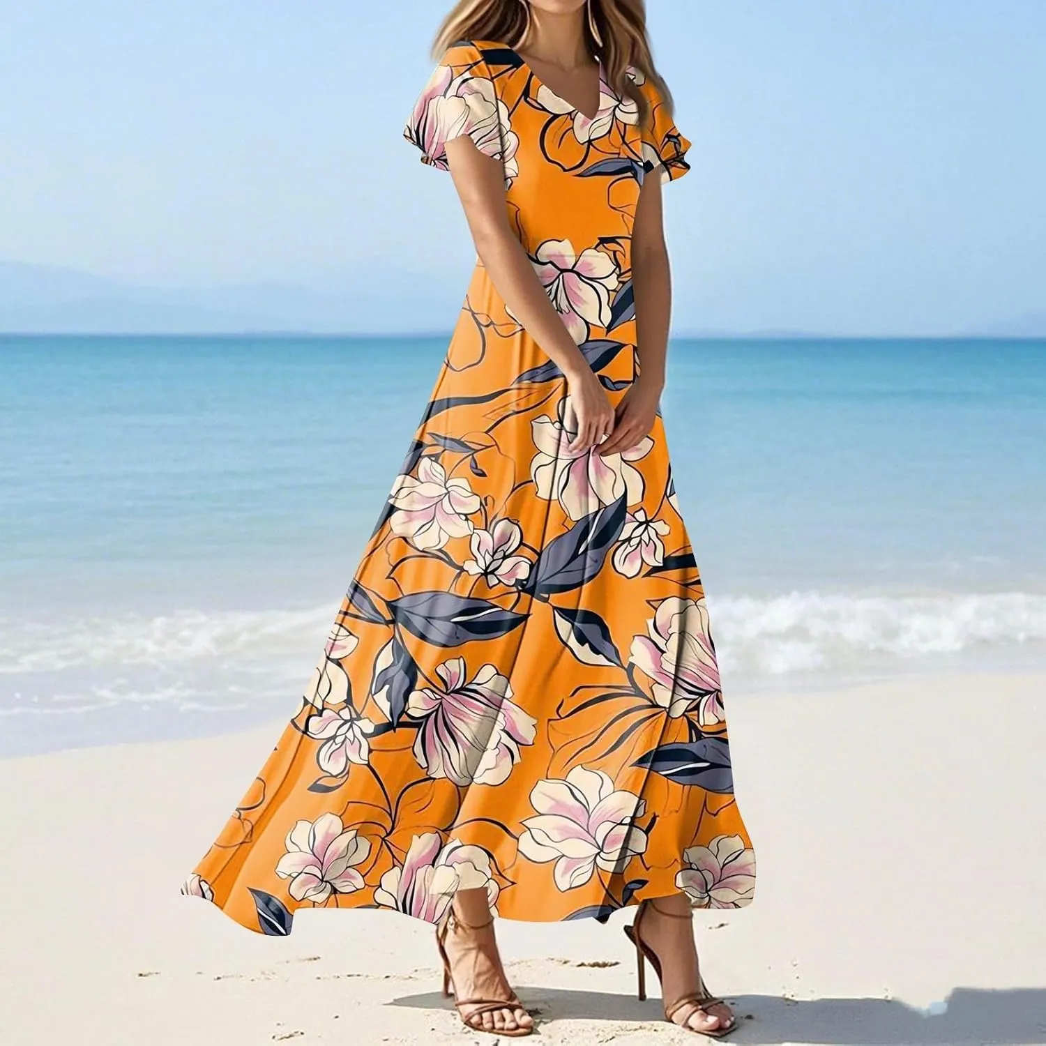 Maxi Dresses for Women 2025 Summer Ruffle Short Sleeve Floral Dress Flowy V Neck Spring Chiffon Maxi Dress Print Long Skirt