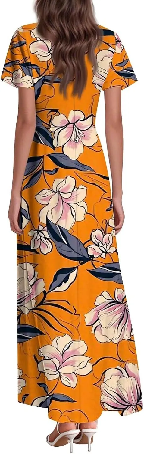 Maxi Dresses for Women 2025 Summer Ruffle Short Sleeve Floral Dress Flowy V Neck Spring Chiffon Maxi Dress Print Long Skirt