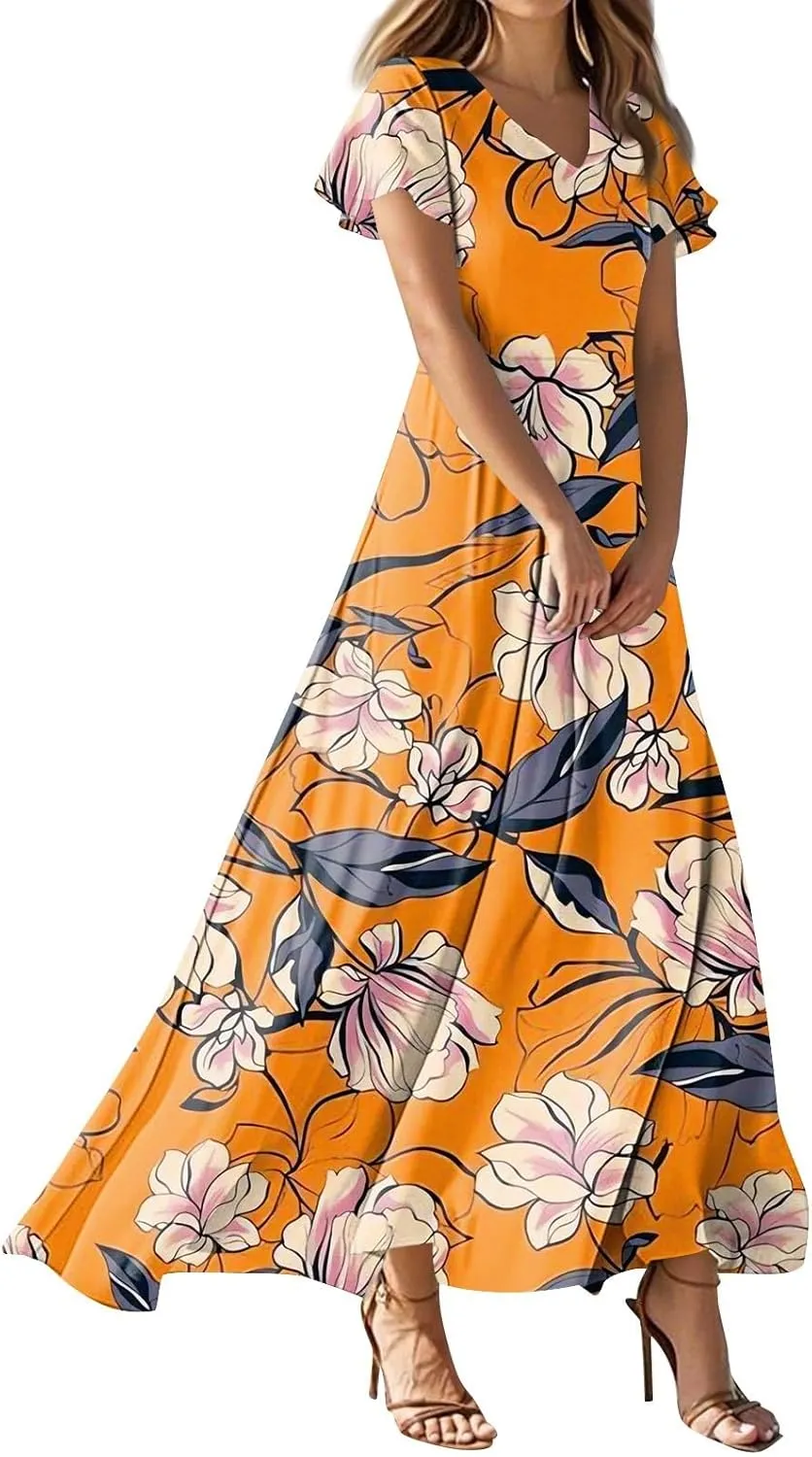 Maxi Dresses for Women 2025 Summer Ruffle Short Sleeve Floral Dress Flowy V Neck Spring Chiffon Maxi Dress Print Long Skirt