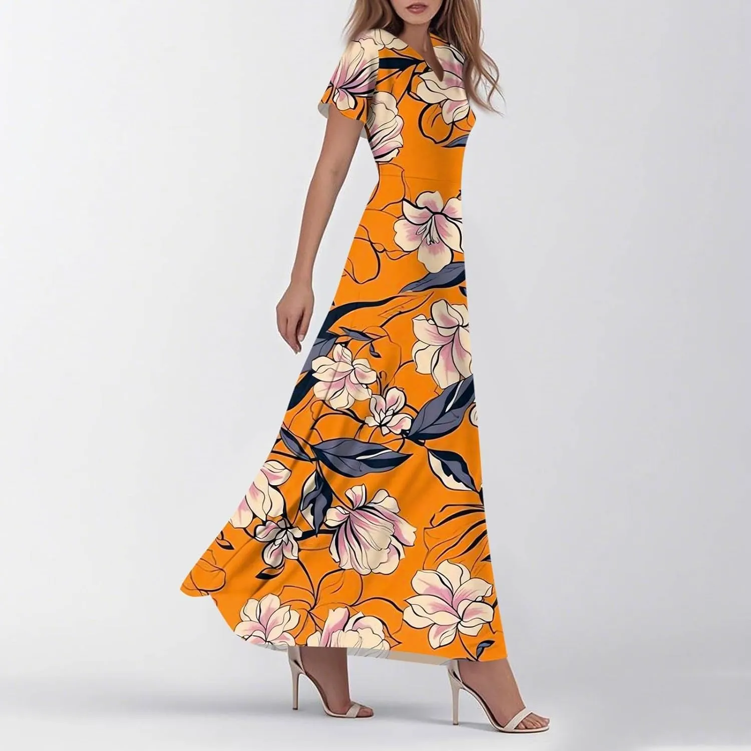 Maxi Dresses for Women 2025 Summer Ruffle Short Sleeve Floral Dress Flowy V Neck Spring Chiffon Maxi Dress Print Long Skirt