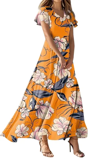 Maxi Dresses for Women 2025 Summer Ruffle Short Sleeve Floral Dress Flowy V Neck Spring Chiffon Maxi Dress Print Long Skirt