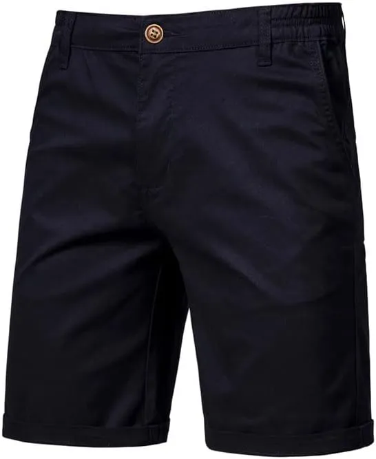 Men's Cotton Chino Shorts, Relaxed Fit, Straight Leg, Zippered Front, Button Closure, 2 Side Pockets, 2 Back Pockets