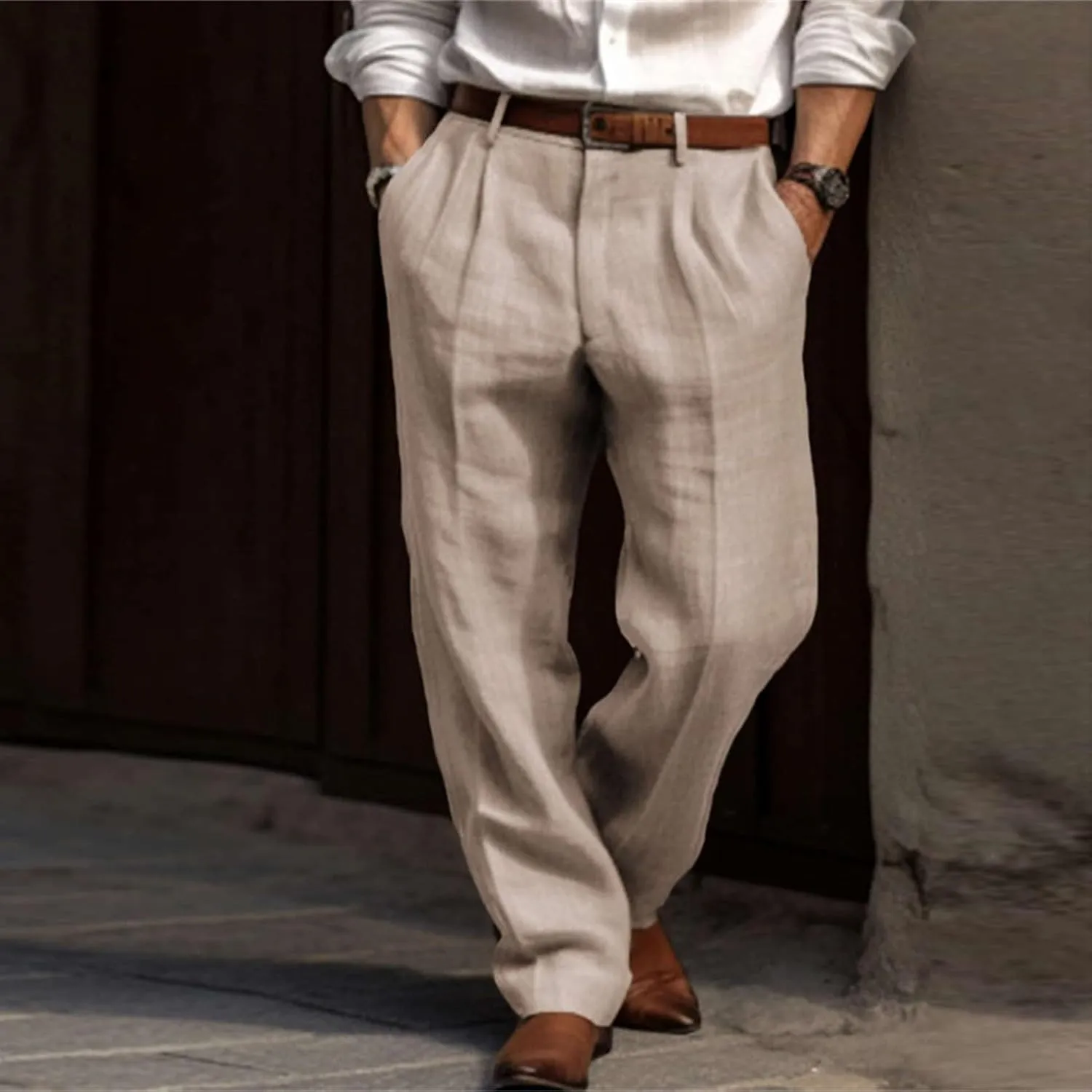 Mens Dress Pants Relaxed Fit Casual Cotton Linen Pleated Work Suit Pants Summer Straight Leg Slacks Comfort Trousers