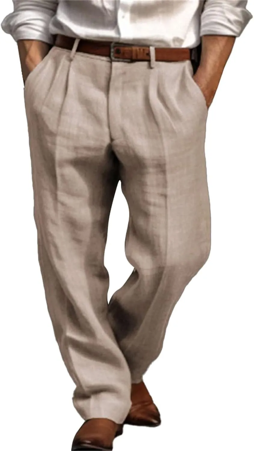 Mens Dress Pants Relaxed Fit Casual Cotton Linen Pleated Work Suit Pants Summer Straight Leg Slacks Comfort Trousers