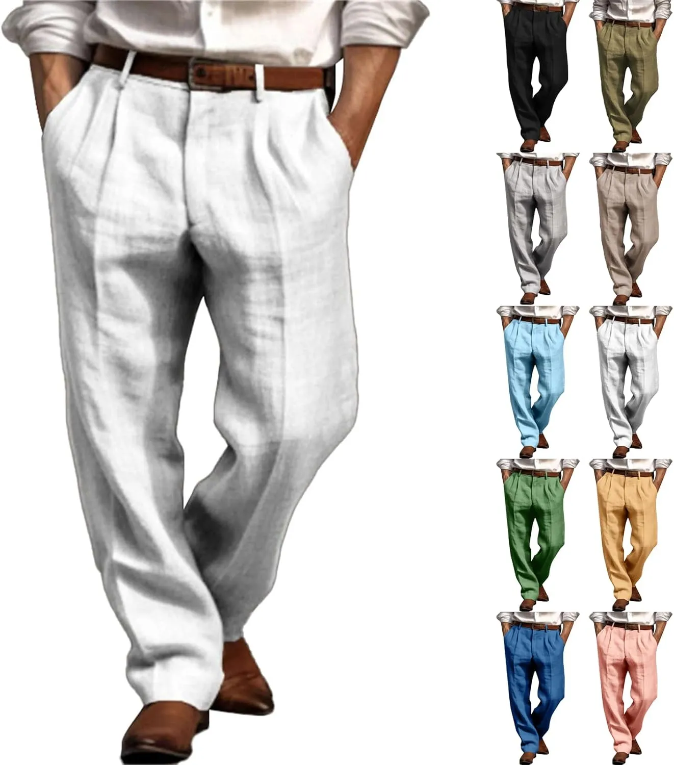 Mens Dress Pants Relaxed Fit Casual Cotton Linen Pleated Work Suit Pants Summer Straight Leg Slacks Comfort Trousers