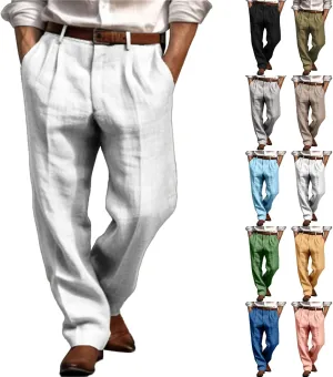 Mens Dress Pants Relaxed Fit Casual Cotton Linen Pleated Work Suit Pants Summer Straight Leg Slacks Comfort Trousers