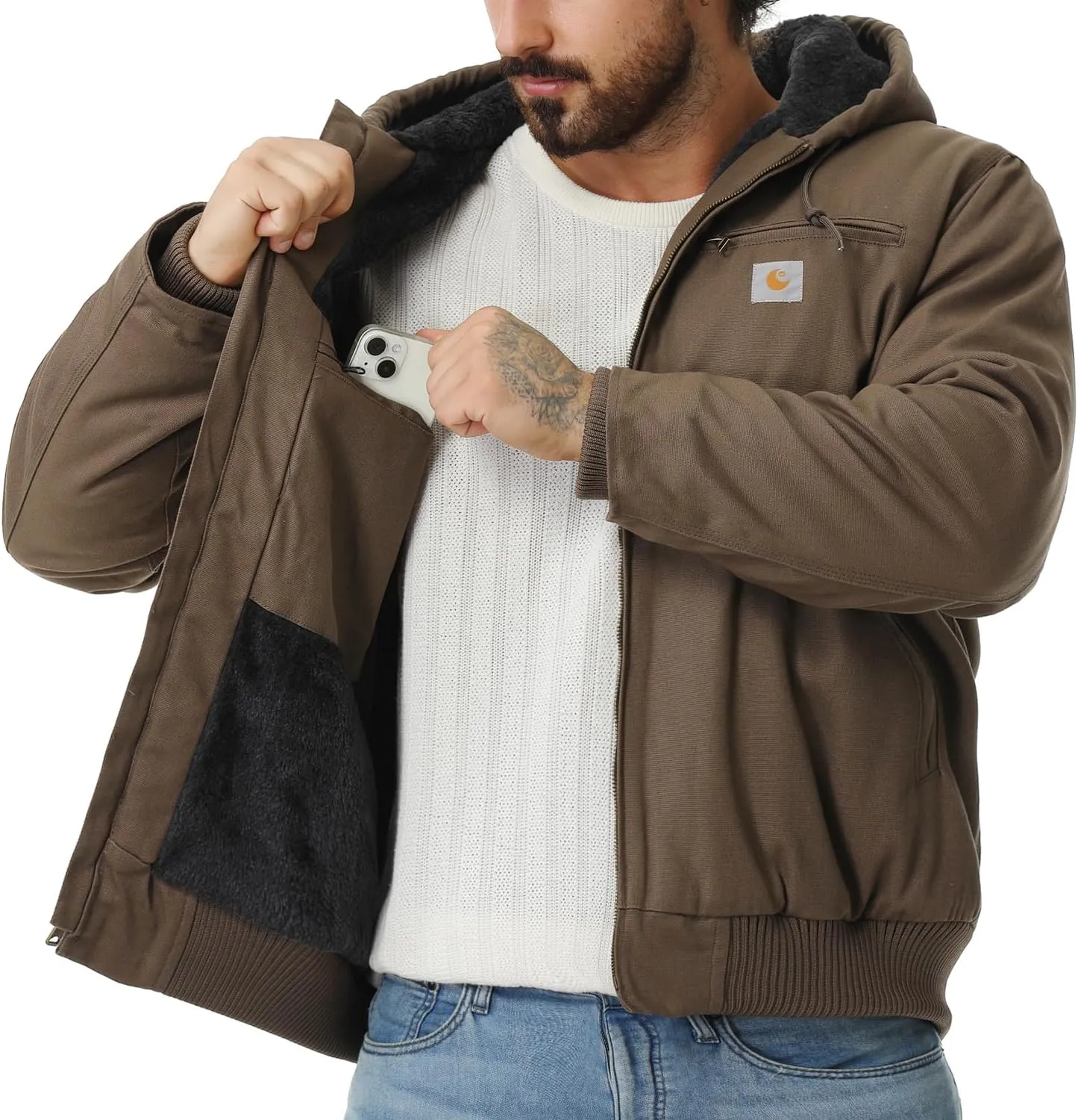 Men's Work Coat Washed Duck Fleece Lined Waterproof Workwear Fit Relaxed Winter Hooded Active Jacket