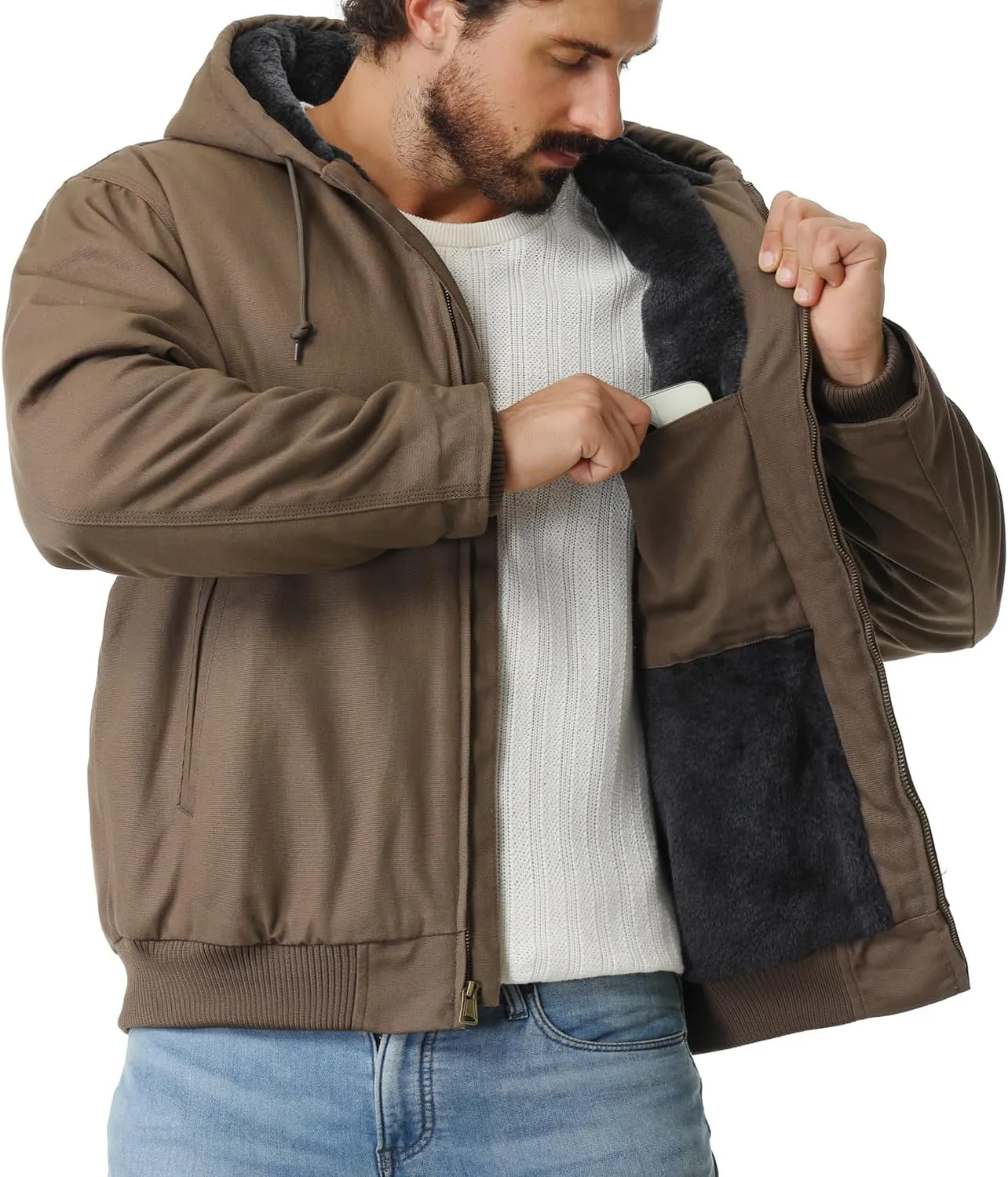 Men's Work Coat Washed Duck Fleece Lined Waterproof Workwear Fit Relaxed Winter Hooded Active Jacket