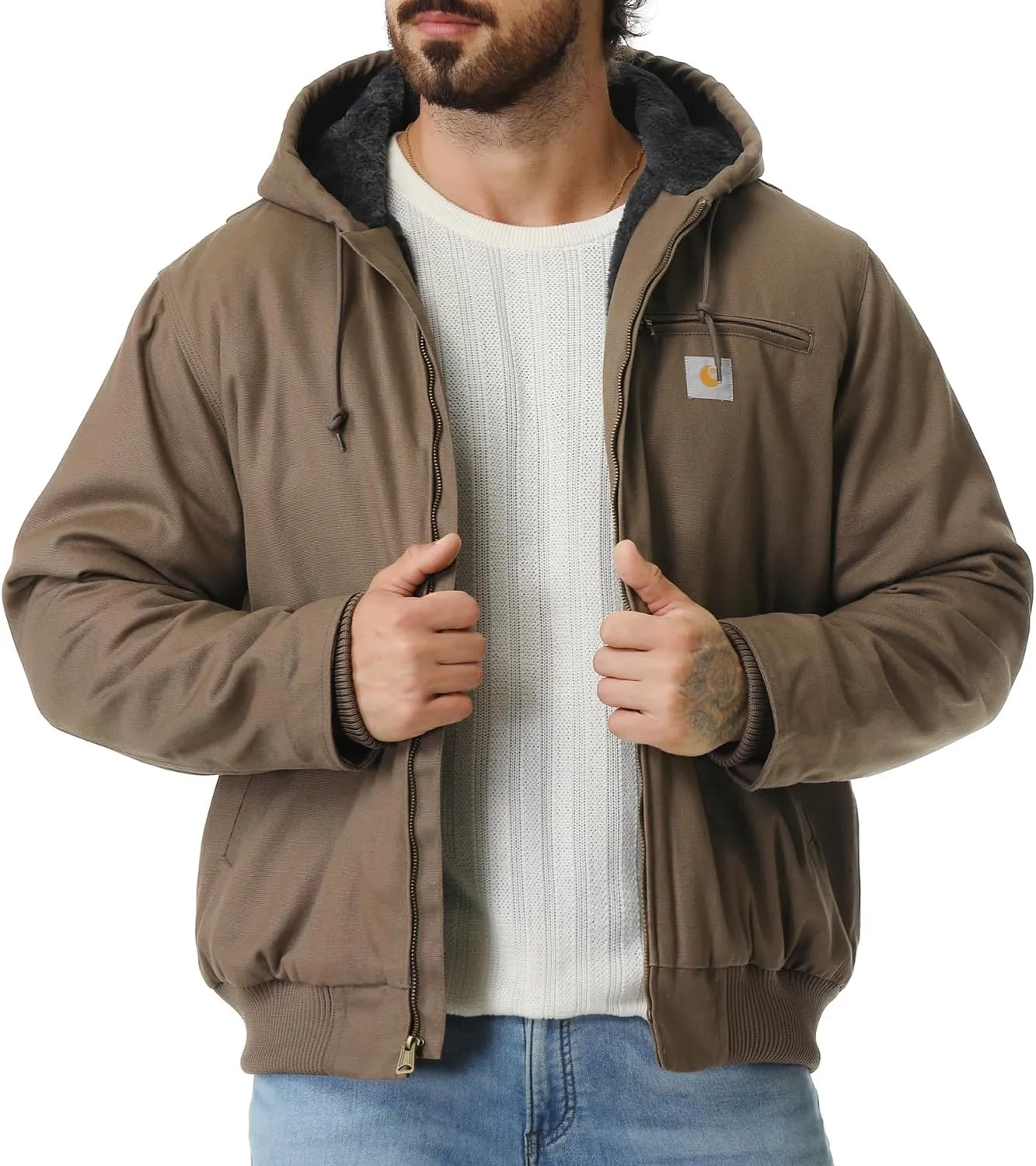 Men's Work Coat Washed Duck Fleece Lined Waterproof Workwear Fit Relaxed Winter Hooded Active Jacket