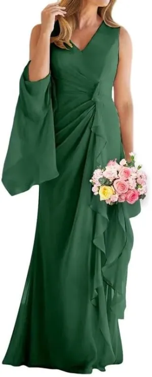 Mermaid Chiffon Mother of The Bride Dresses for Wedding 2024 2 Pieces Cape Ruffle V Neck Long Evening Formal Gown