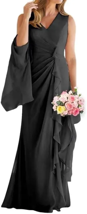 Mermaid Chiffon Mother of The Bride Dresses for Wedding 2024 2 Pieces Cape Ruffle V Neck Long Evening Formal Gown