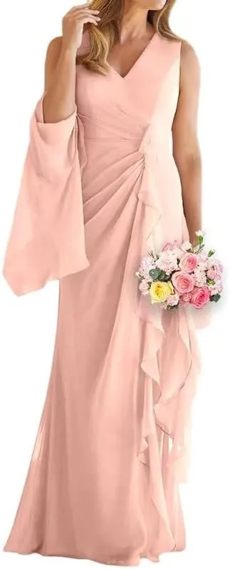 Mermaid Chiffon Mother of The Bride Dresses for Wedding 2024 2 Pieces Cape Ruffle V Neck Long Evening Formal Gown