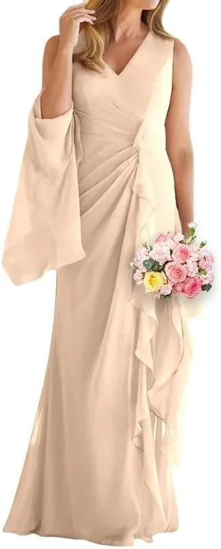 Mermaid Chiffon Mother of The Bride Dresses for Wedding 2024 2 Pieces Cape Ruffle V Neck Long Evening Formal Gown