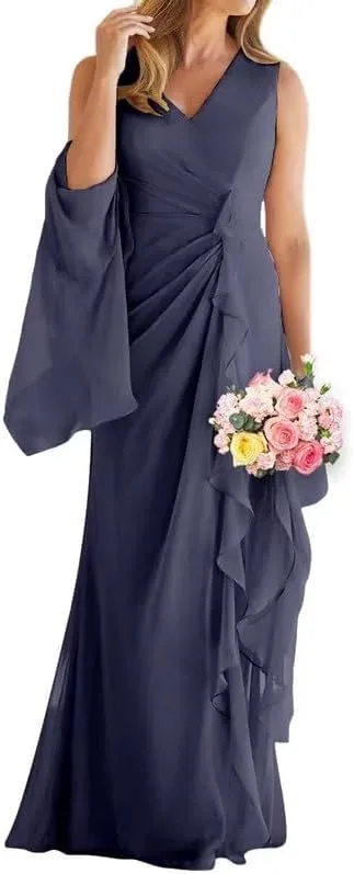 Mermaid Chiffon Mother of The Bride Dresses for Wedding 2024 2 Pieces Cape Ruffle V Neck Long Evening Formal Gown